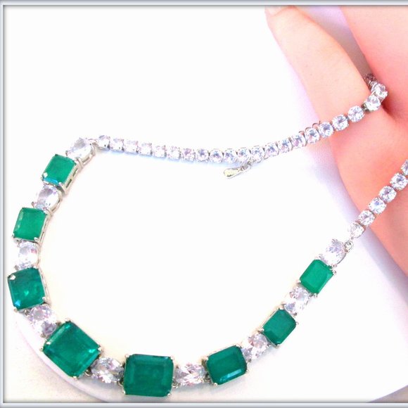 EMERALD GEMSTONE HAND CRAFT LADIES NECKLACE 18K WHITE GOLD FILLED 16 INCH - Picture 7 of 8